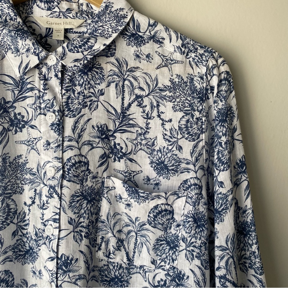 Garnet Hill Nautical Print 100% Linen Long Sleeve Button Shirt 8 Coastal Beachy - Picture 3 of 10